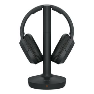 black bluetooth headphones on stand