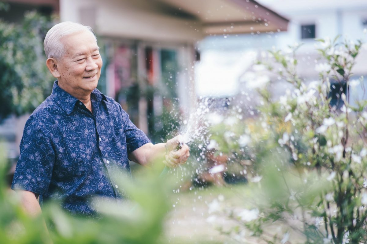 Happy senior man watering his garden in the summer